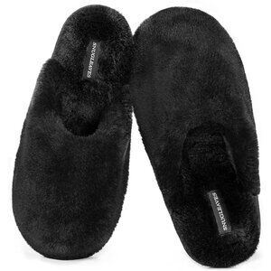 ⚡Women's Black Fuzzy Scuff Slippers Soft Comfy Memory Foam Non Slip House Shoes